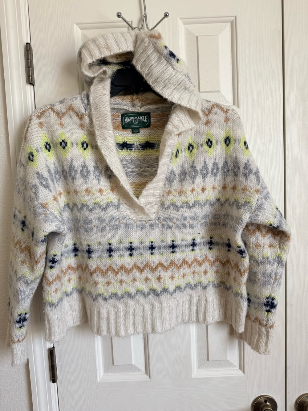 American Eagle Outfitters Cream Fair Isle Hooded Sweater